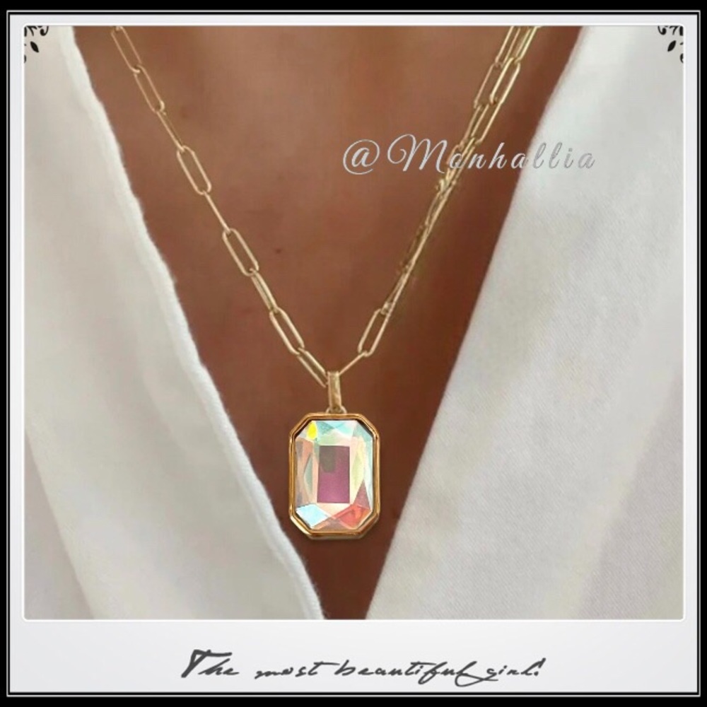 New Gold Aurora Borealis Prism Emerald Cut Crystal Minimalist Necklace